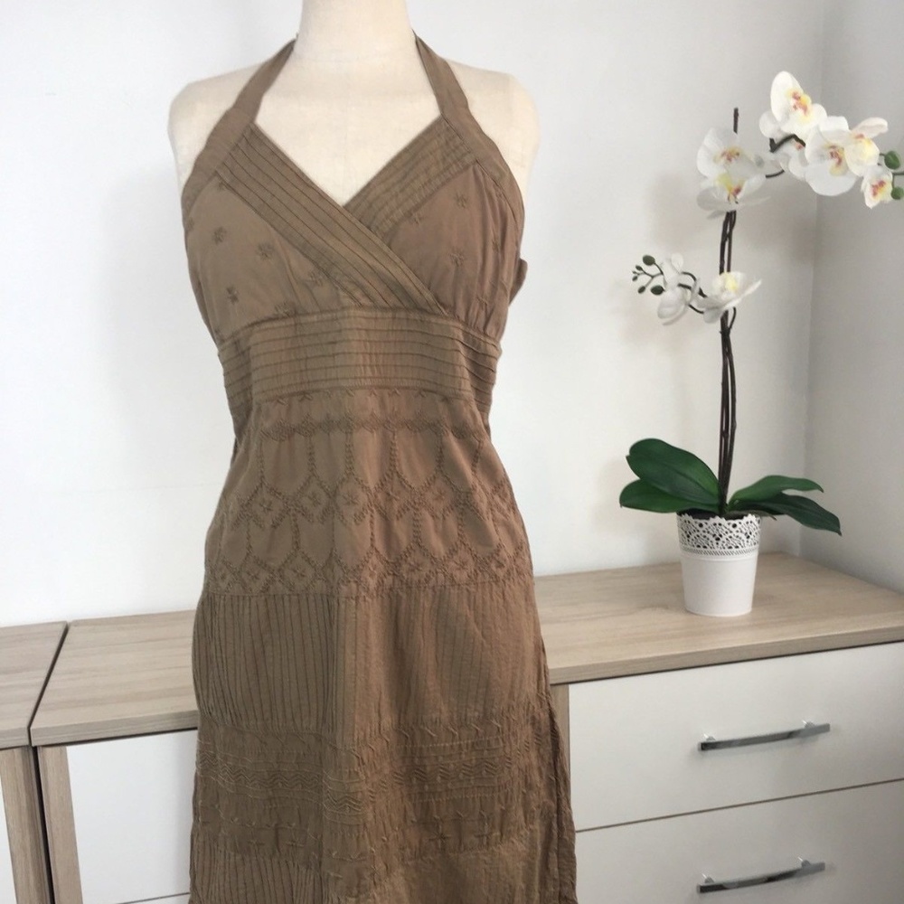 NEXT Brown Khaki Embroidered Midi Dress
